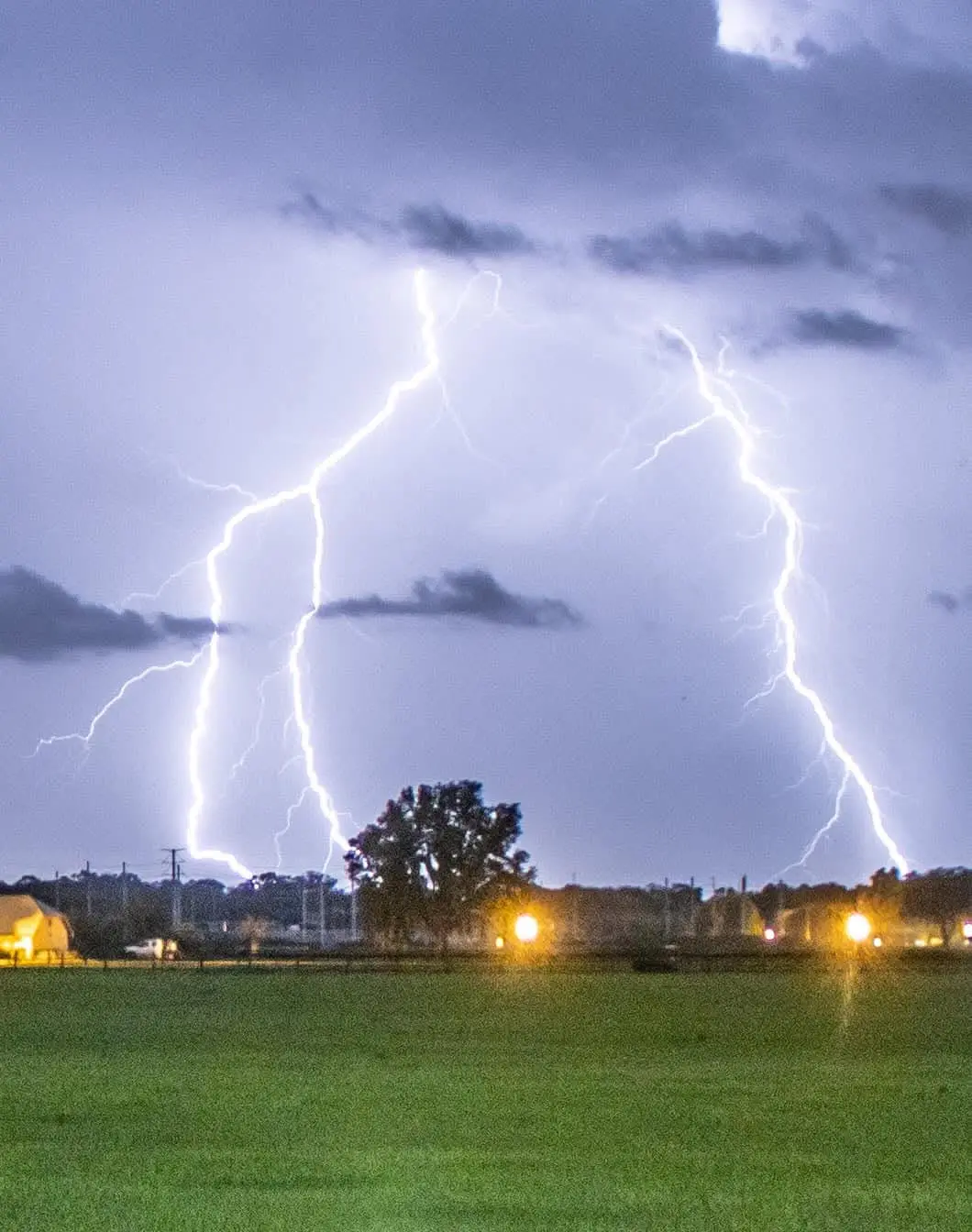 Two cloud-to-ground lightning strikes landing behind a treeline at dusk, sodium lights glowing along the horizon.